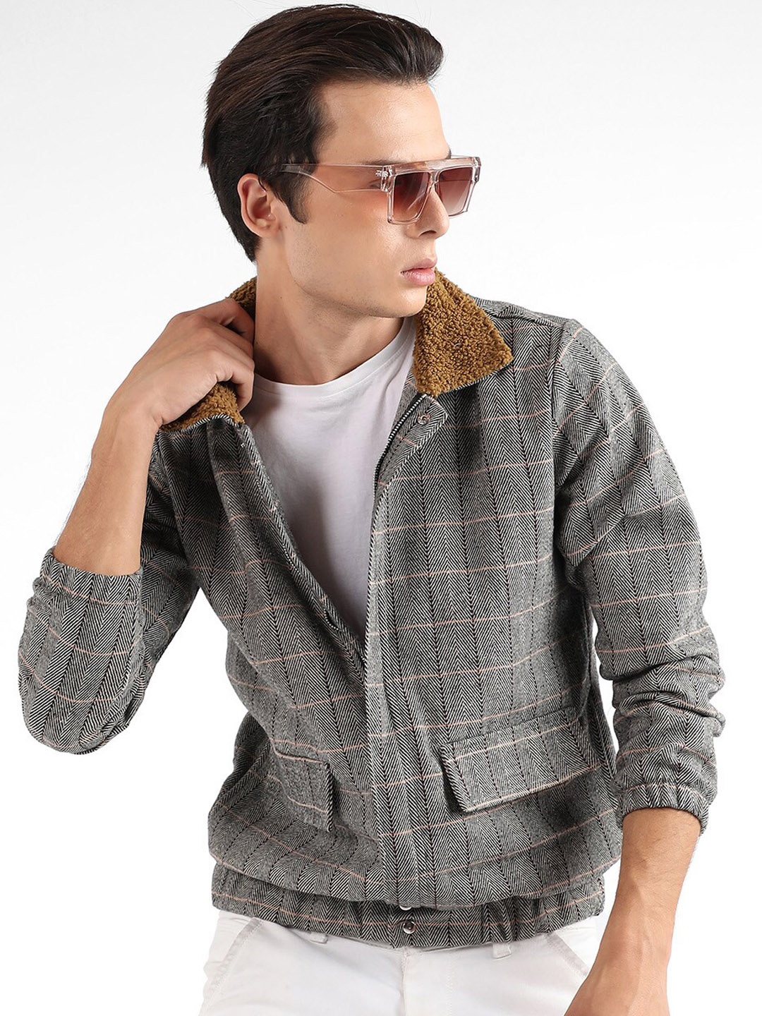 

Campus Sutra Grey Checked Windcheater Cotton Tailored Jacket