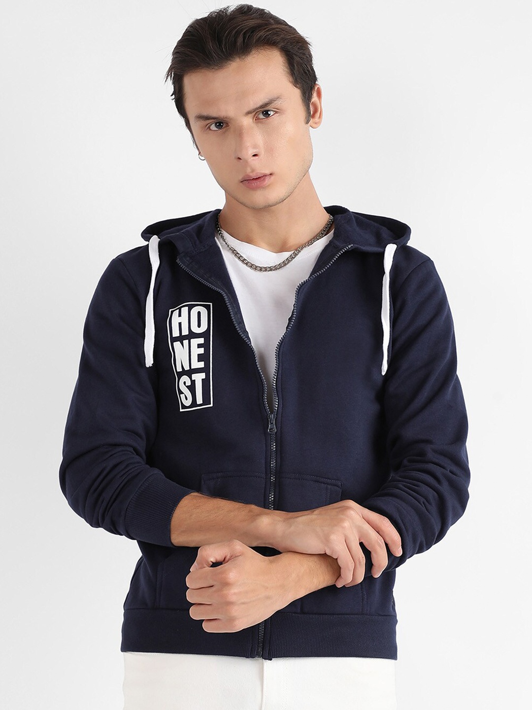 

Campus Sutra Typography Printed Hooded Cotton Front-Open Sweatshirt, Navy blue