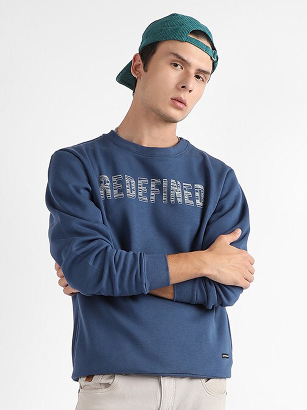 

Campus Sutra Typography Printed Round Neck Pullover Cotton Sweatshirt, Blue