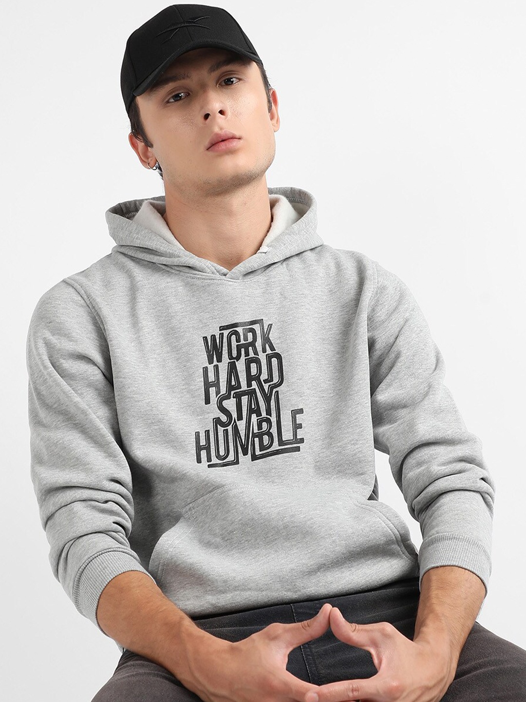 

Campus Sutra Typograhy Printed Pullover Hooded Sweatshirt, Grey