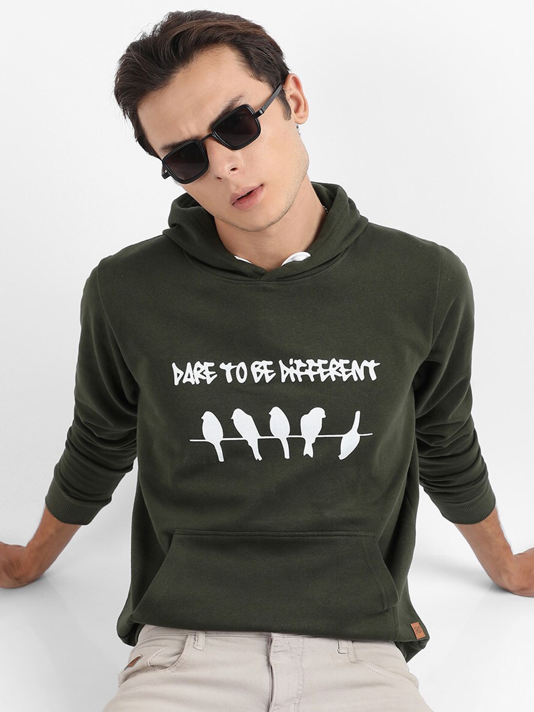 

Campus Sutra Typography Printed Hooded Cotton Pullover Sweatshirt, Green
