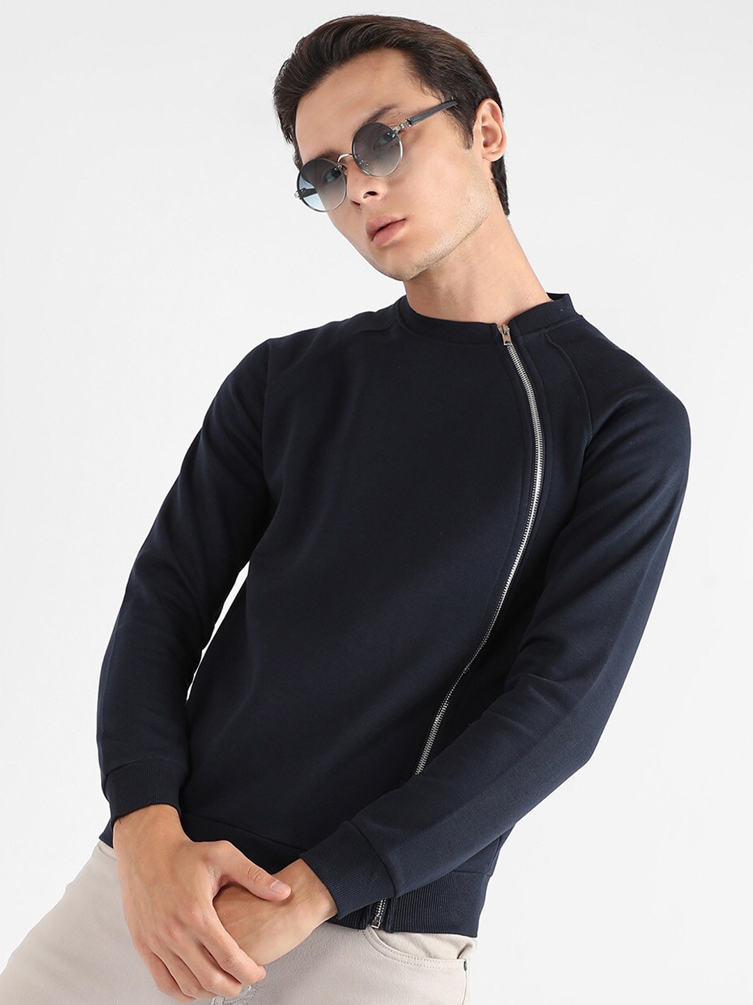 

Campus Sutra High Neck Cotton Front-Open Sweatshirt, Navy blue