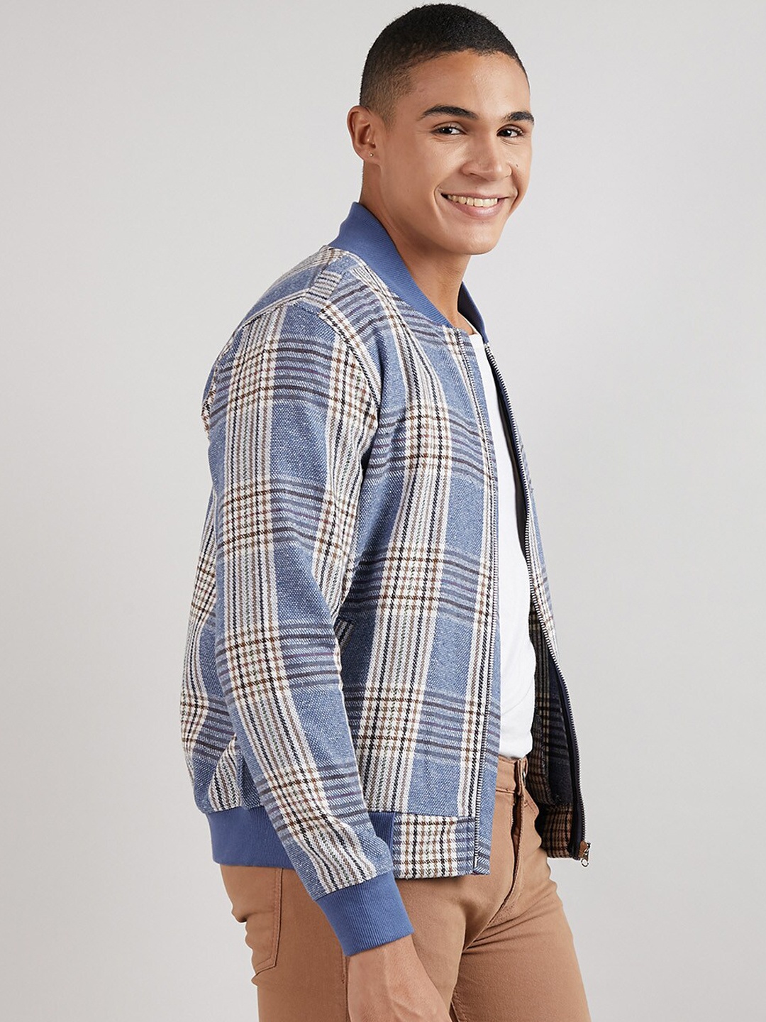 

Campus Sutra Checked Windcheater Cotton Bomber Jacket, Blue