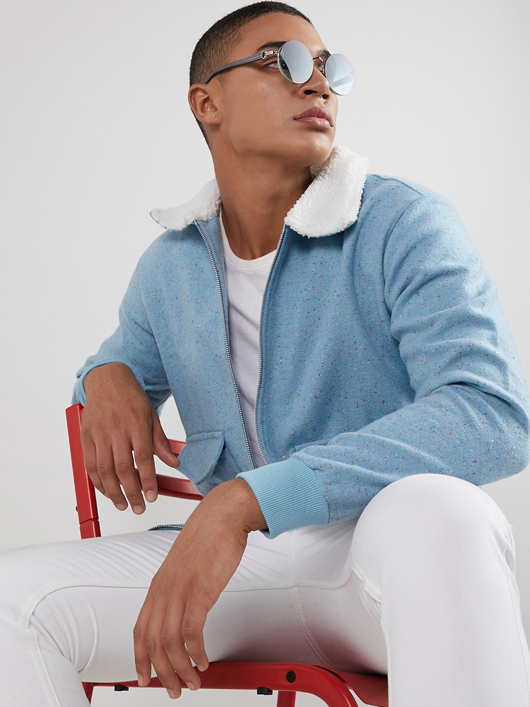 

Campus Sutra Colourblocked Spread Collar Windcheater Cotton Open Front Jacket, Blue