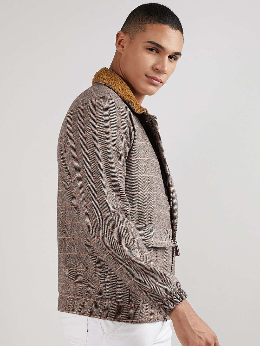 Campus Sutra Men Tartan Checked Cotton Tailored Jacket, Brown