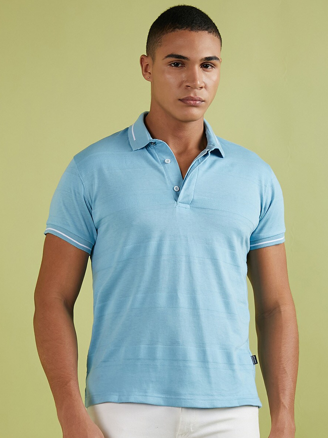 

Campus Sutra Self Design Polo Collar Cotton T-shirt, Blue