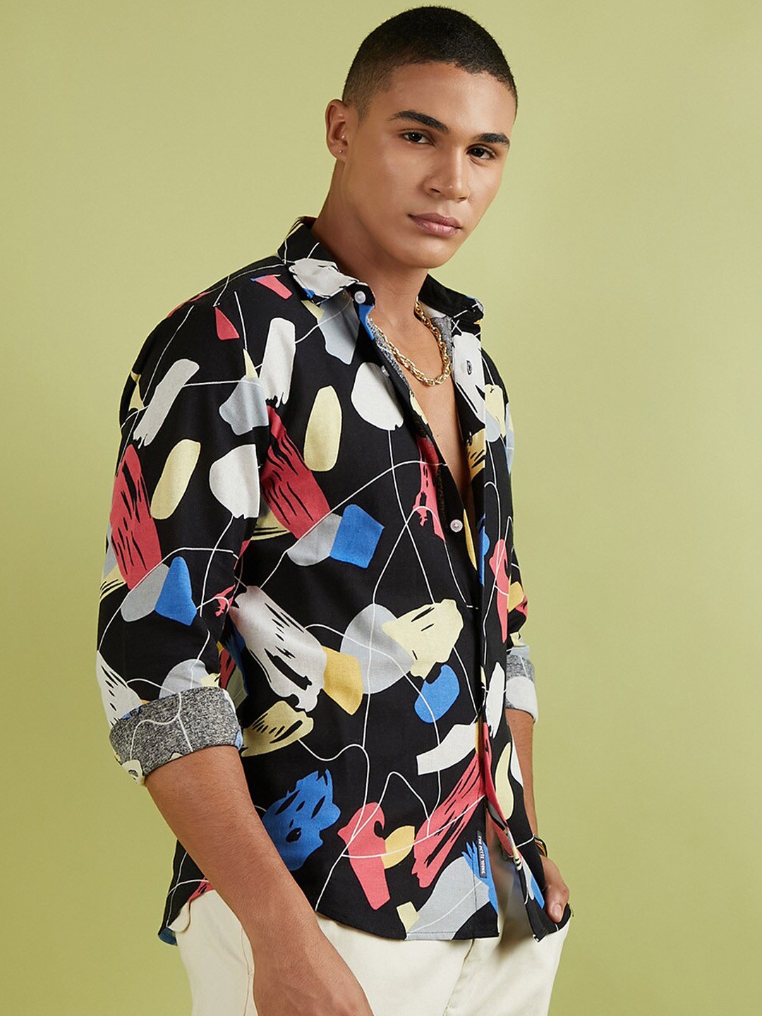 

Campus Sutra Classic Abstract Printed Spread Collar Casual Shirt, Black