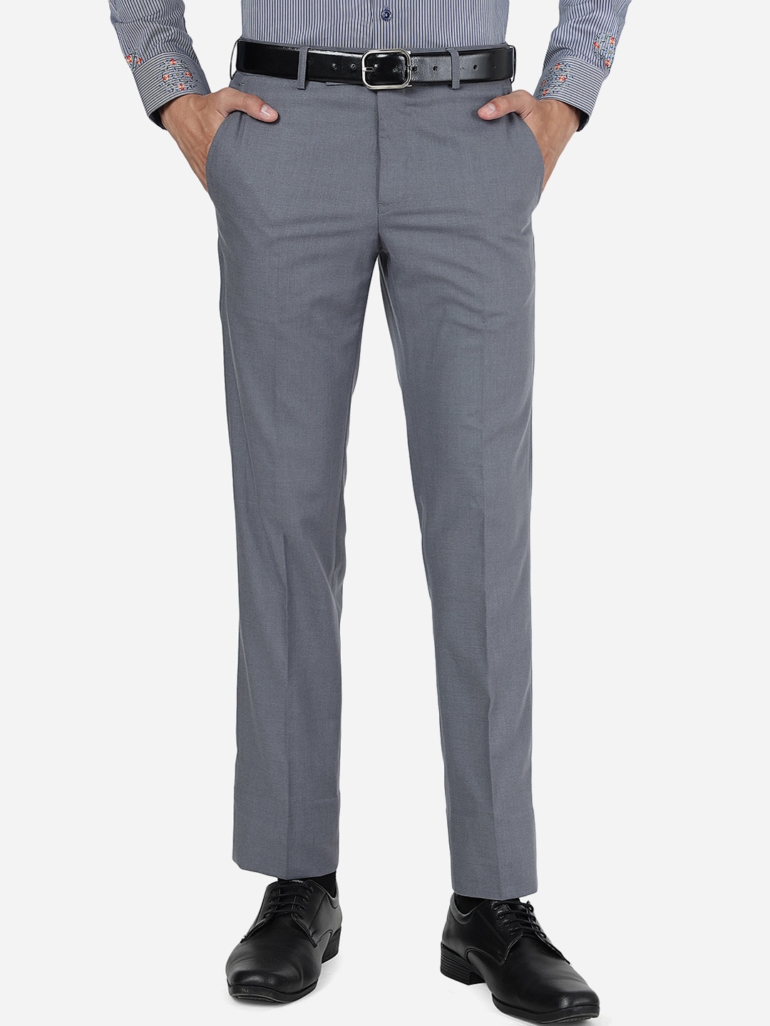 

Greenfibre Men Mid Rise Self Design Plain Slim Fit Formal Trousers, Grey