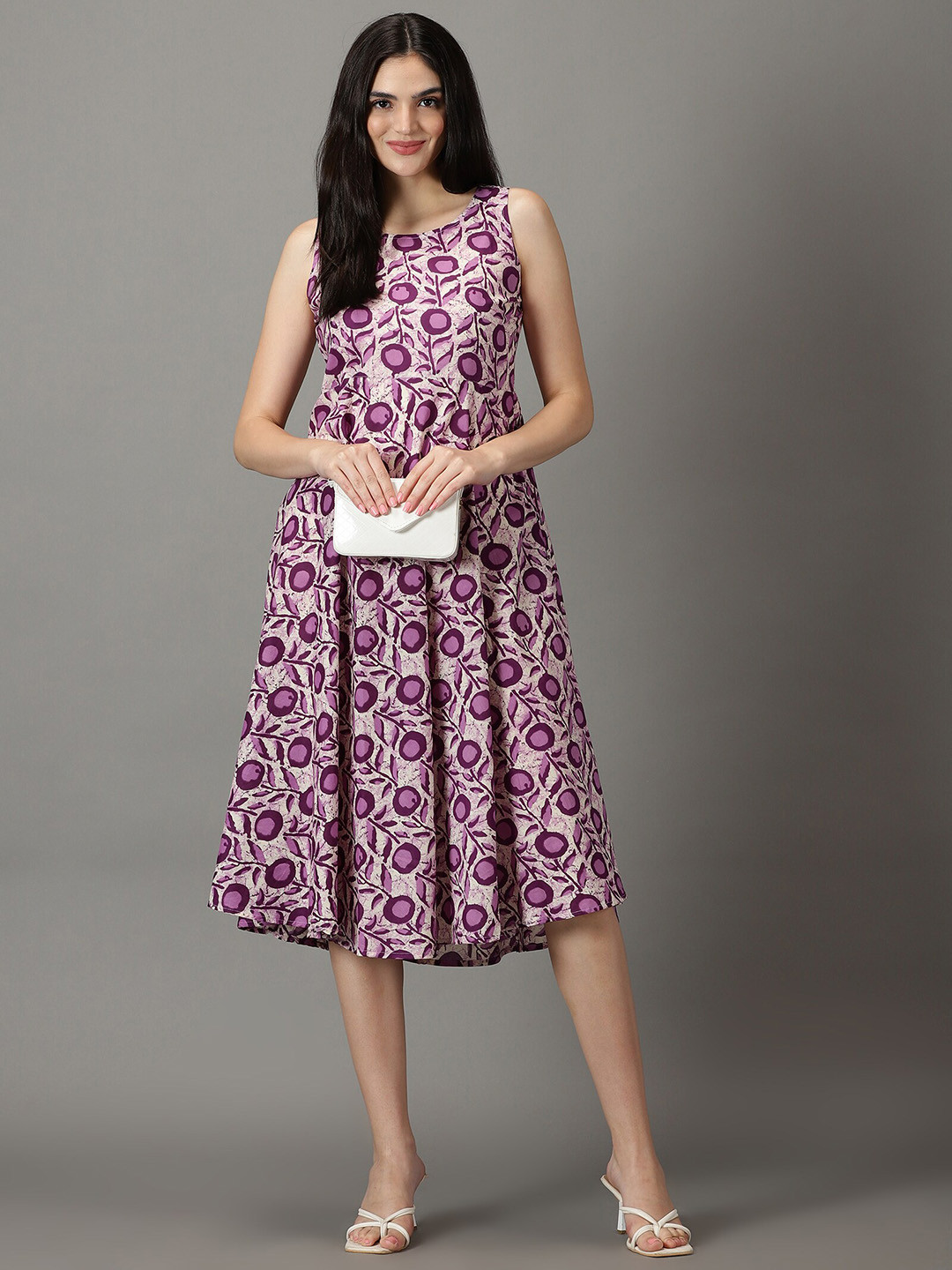 

DIVINATION Floral Printed Cotton A-Line Dress, Purple