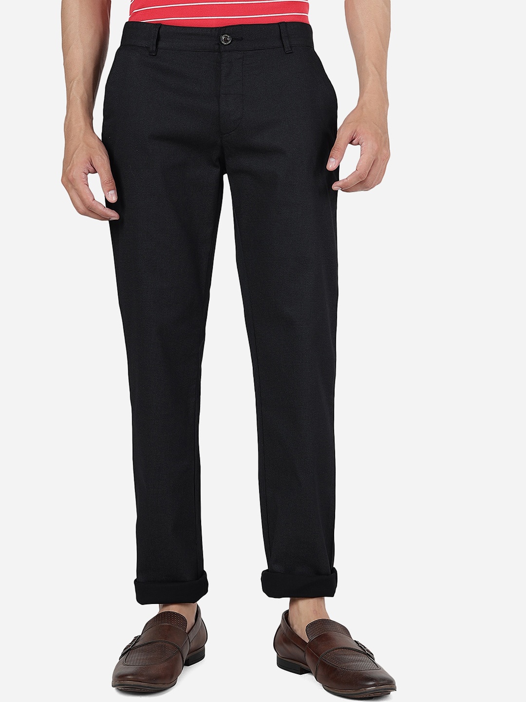 

JADE BLUE Men Mid Rise Plain Self Design Pure Cotton Slim Fit Chinos, Black
