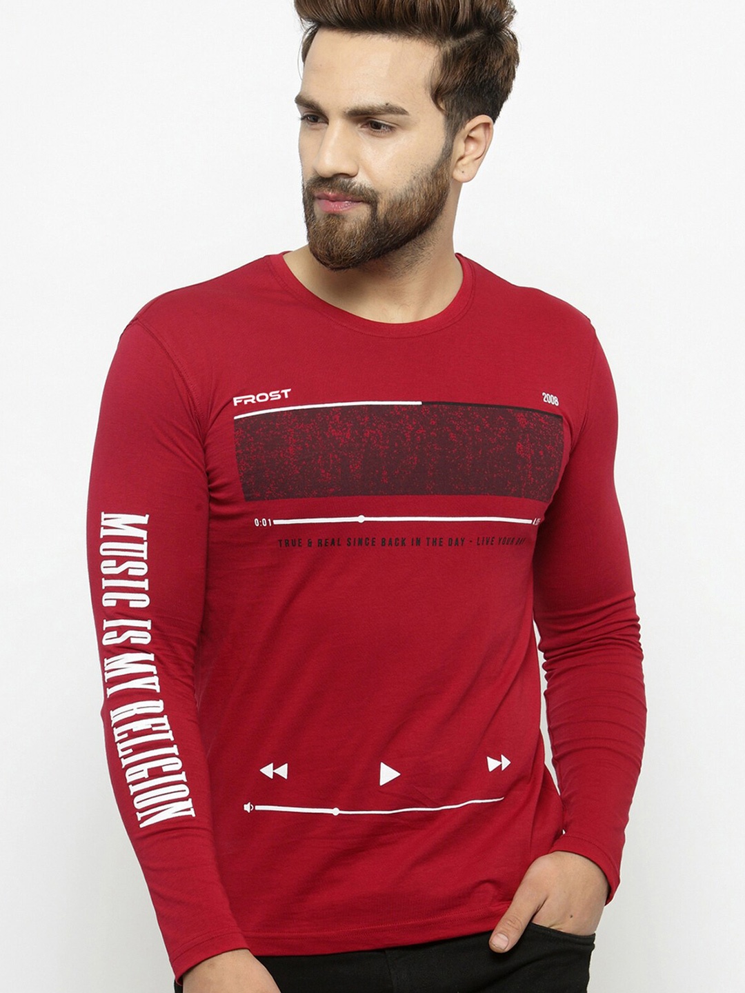 

AUSK Typography Printed Round Neck Regular Fit Cotton T-Shirt, Red