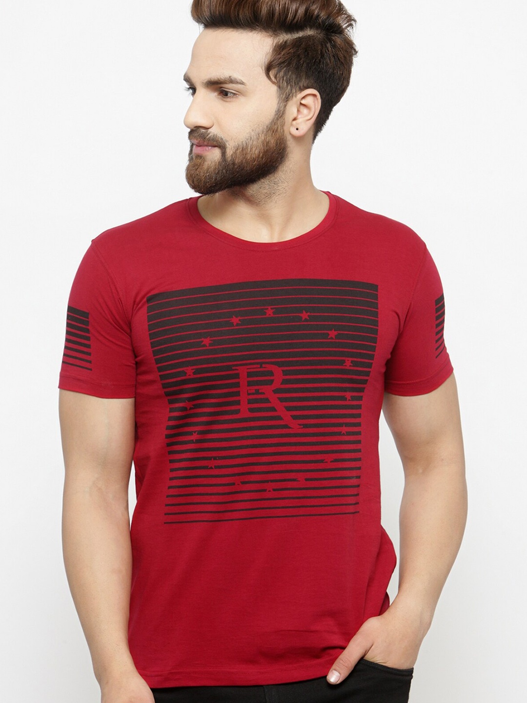 

AUSK Striped Round Neck Regular Fit Cotton T-Shirt, Red