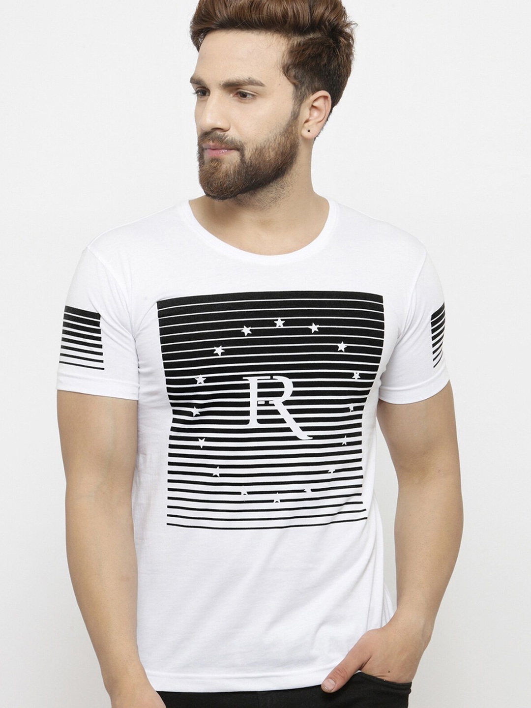 

AUSK Striped Round Neck Slim Fit Cotton Casual T-shirt, White