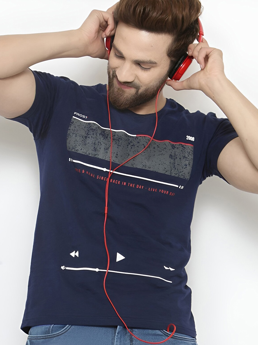 

AUSK Typography Printed Round Neck Cotton Casual T-shirt, Blue