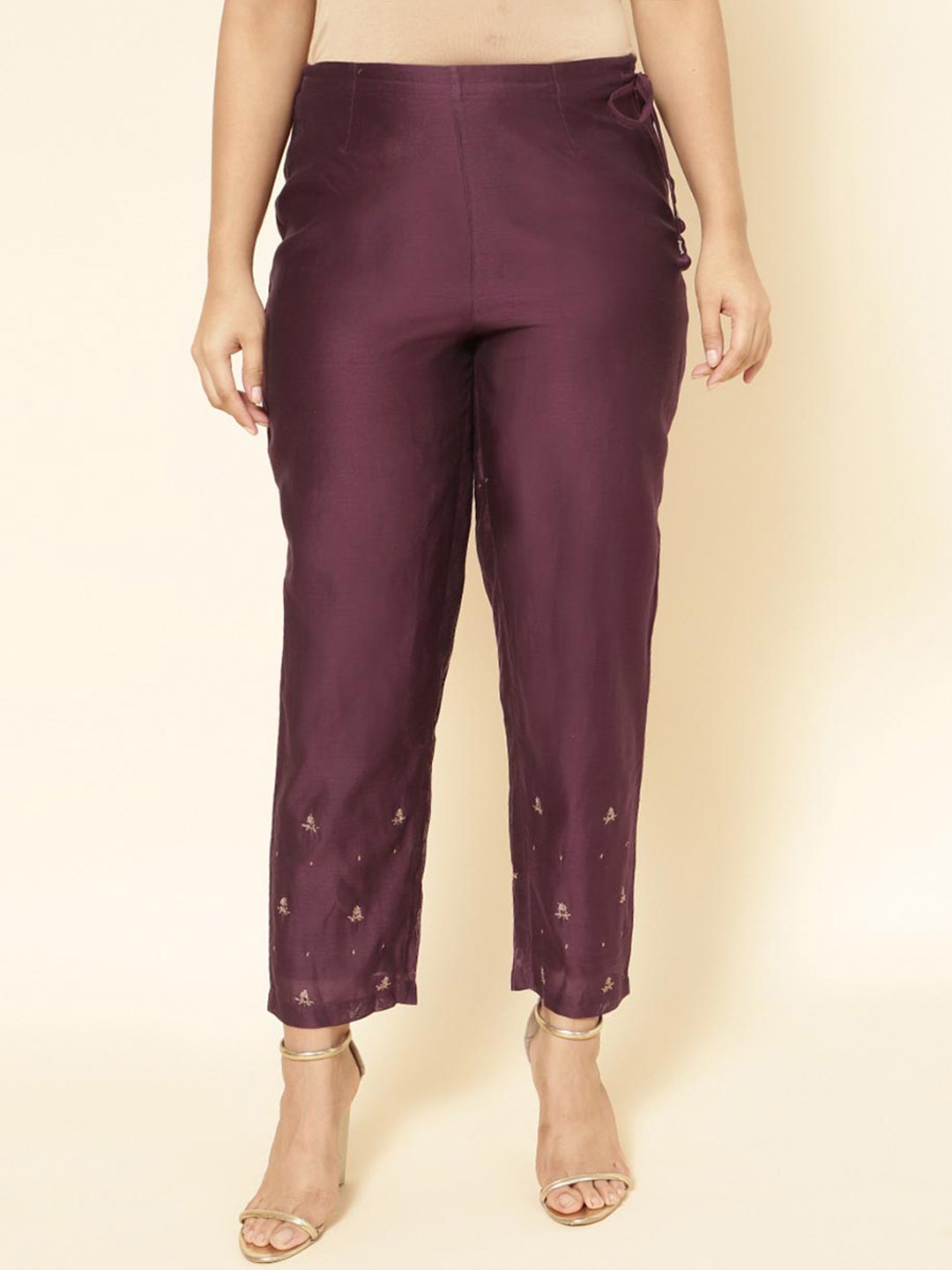 

Fabindia Women Embroidered Cotton Silk Regular Trousers, Maroon