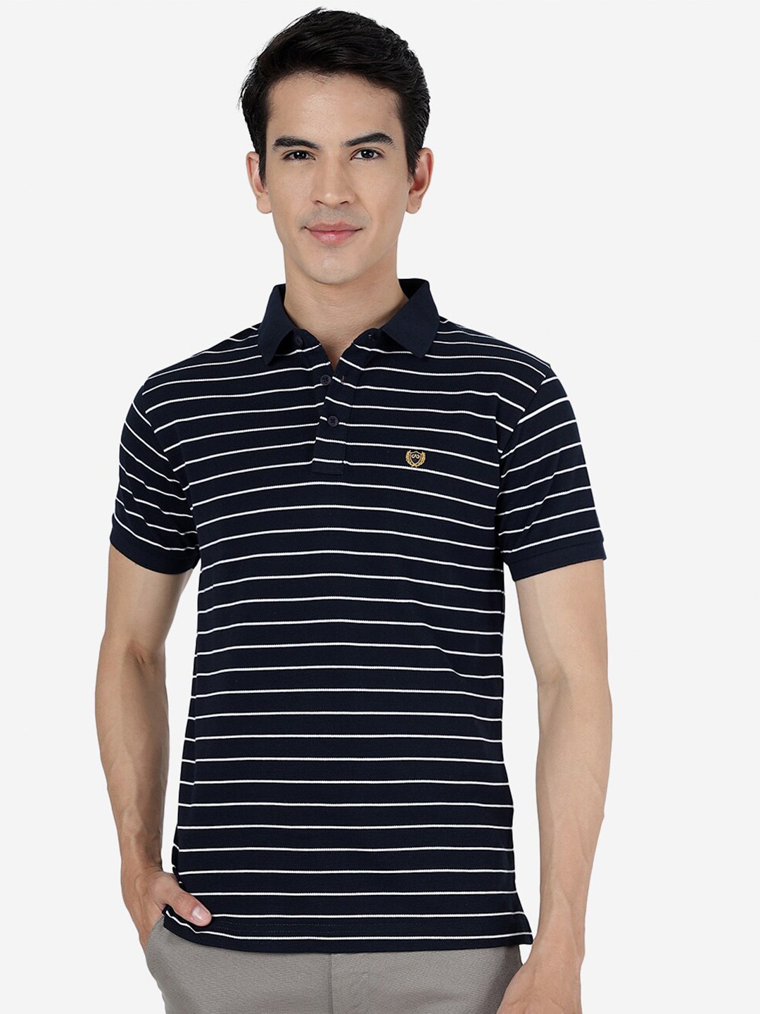 

JADE BLUE Striped Polo Collar Cotton Slim Fit T-shirt, Navy blue
