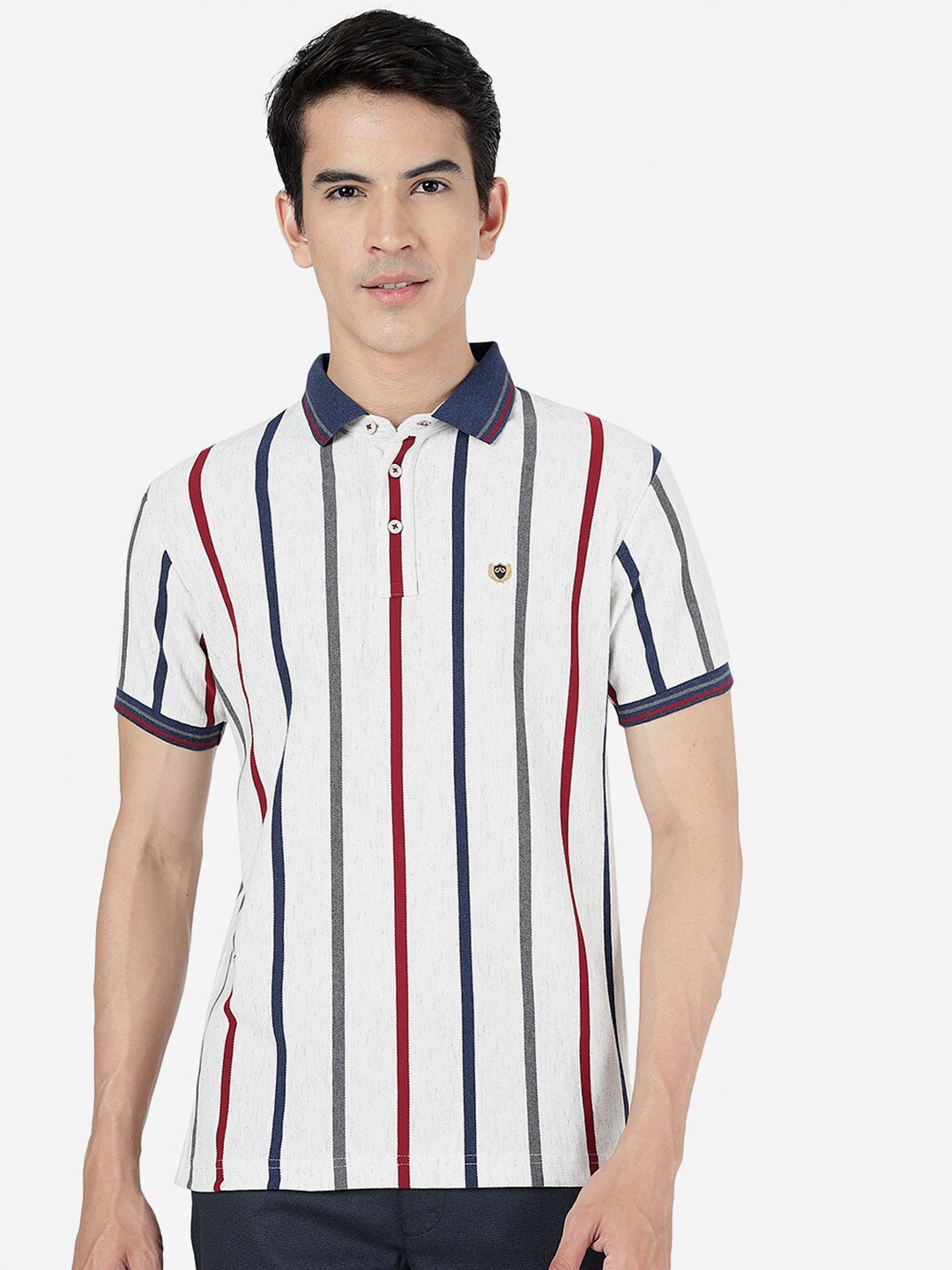 

JADE BLUE Striped Polo Collar Slim Fit Cotton T-shirt, White