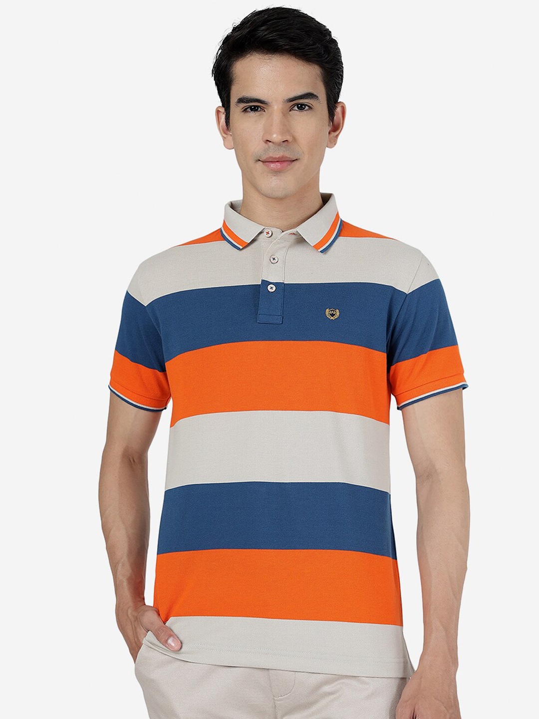 

JADE BLUE Striped Polo Collar Cotton Slim Fit T-shirt, Grey