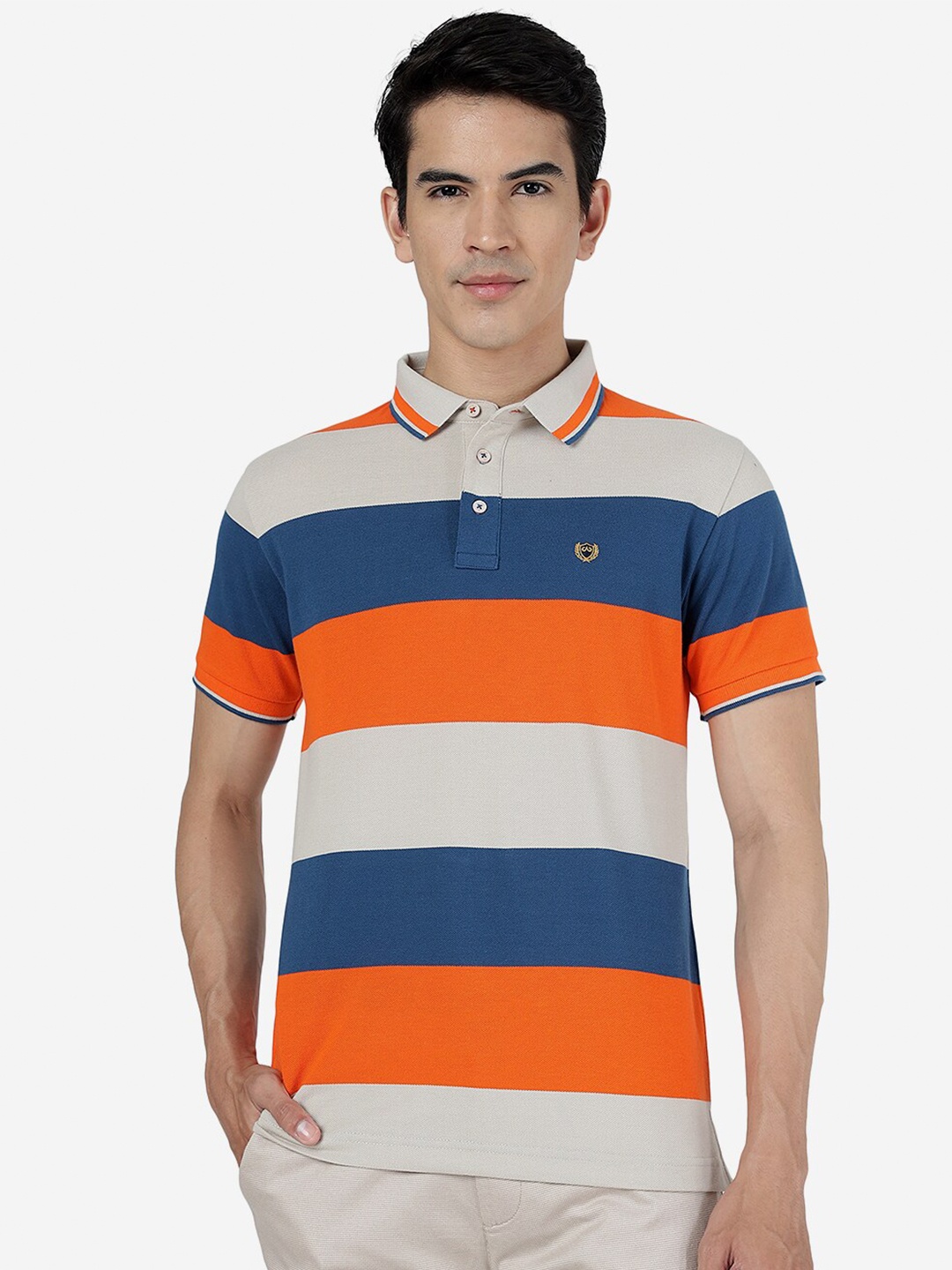 

JADE BLUE Striped Polo Collar Cotton Slim Fit T-shirt, Grey