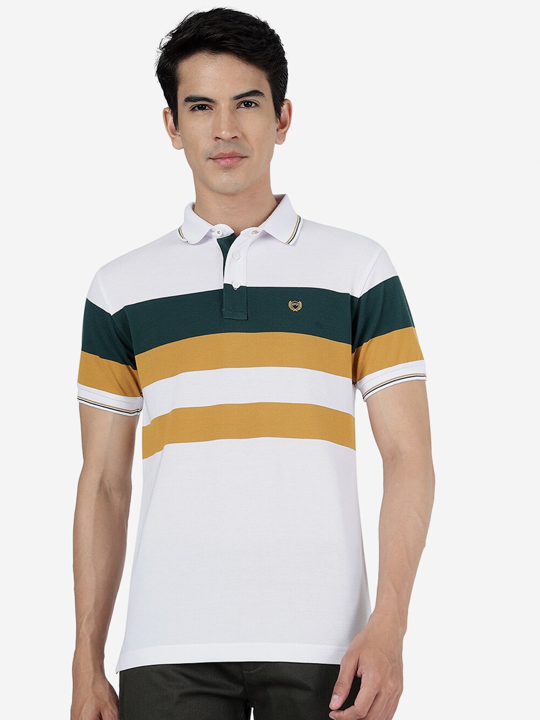 

JADE BLUE Striped Polo Collar Slim Fit Cotton T-shirt, White