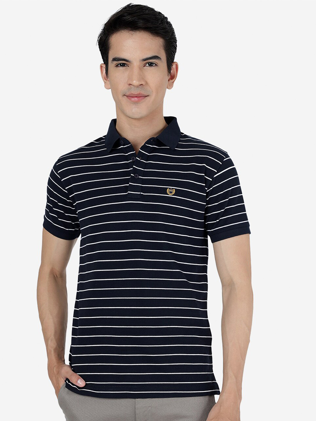 

JADE BLUE Men Striped Polo Collar Slim Fit Cotton T-shirt, Navy blue