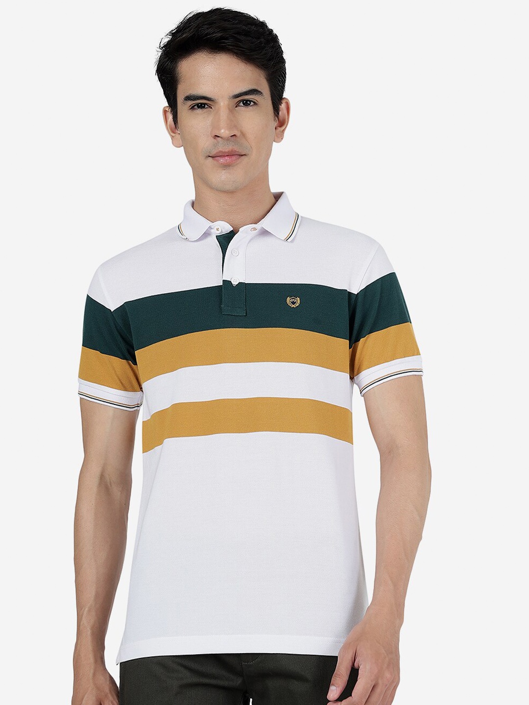 

JADE BLUE Striped Polo Collar Cotton Slim Fit T-shirt, White