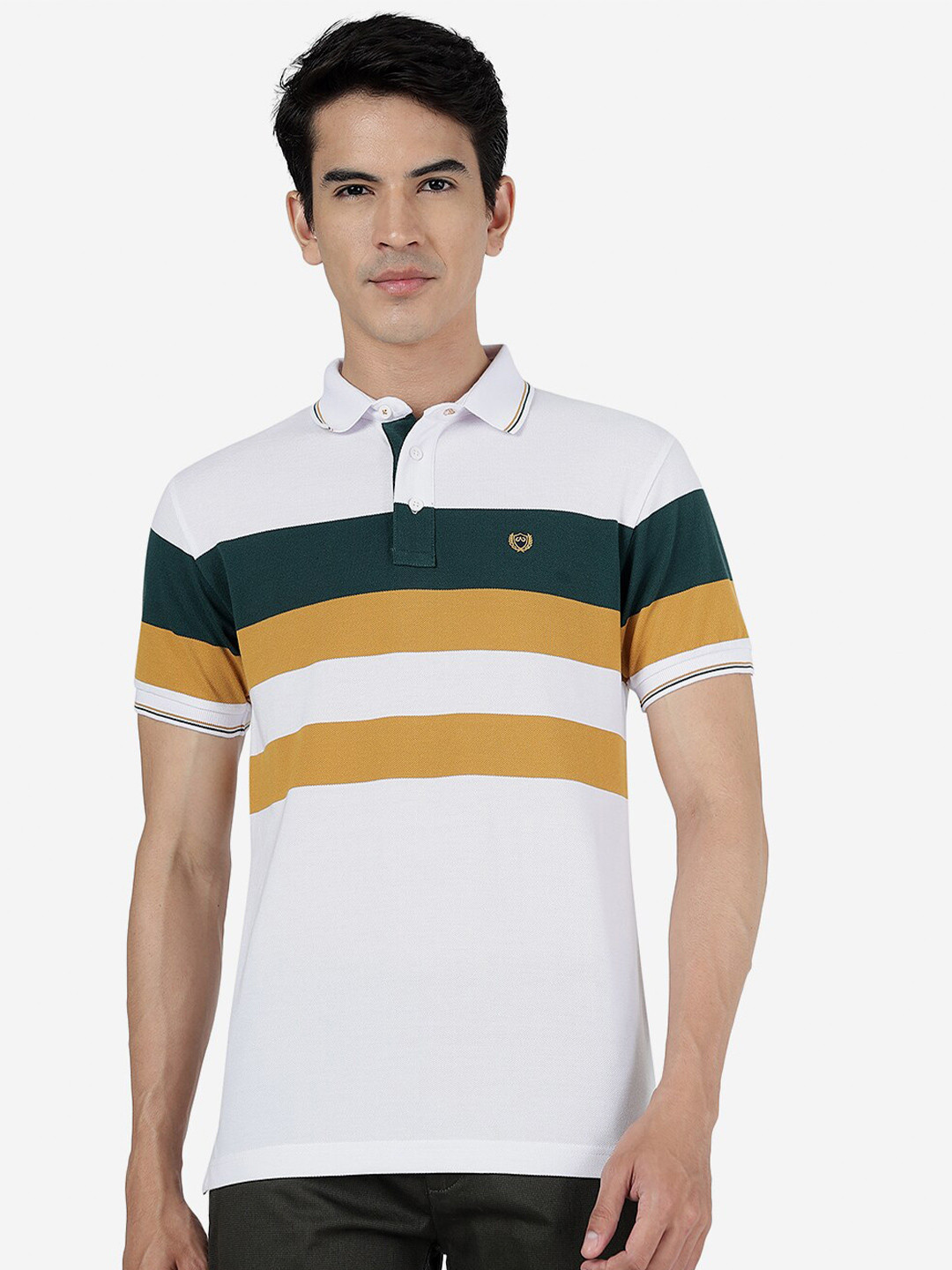 

JADE BLUE Striped Polo Collar Cotton Slim Fit T-shirt, White