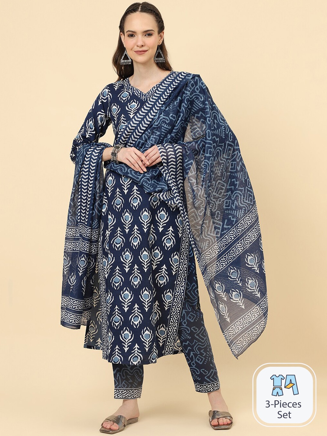 

KALINI Ethnic Motifs Printed Regular Kurta with Trousers & With Dupatta, Navy blue