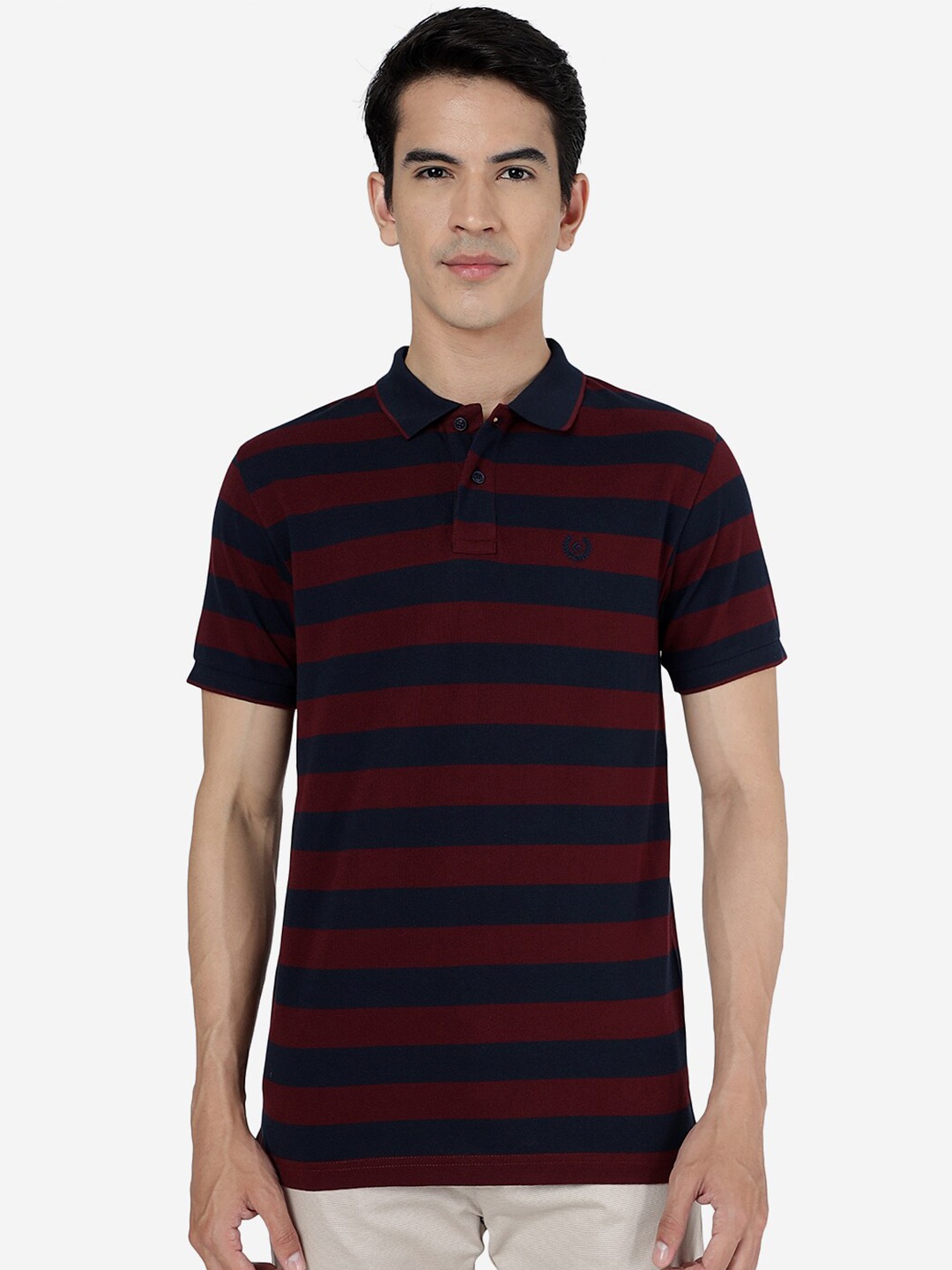 

Greenfibre Slim Fit Striped Polo Collar Short Sleeve Cotton T-Shirt, Navy blue