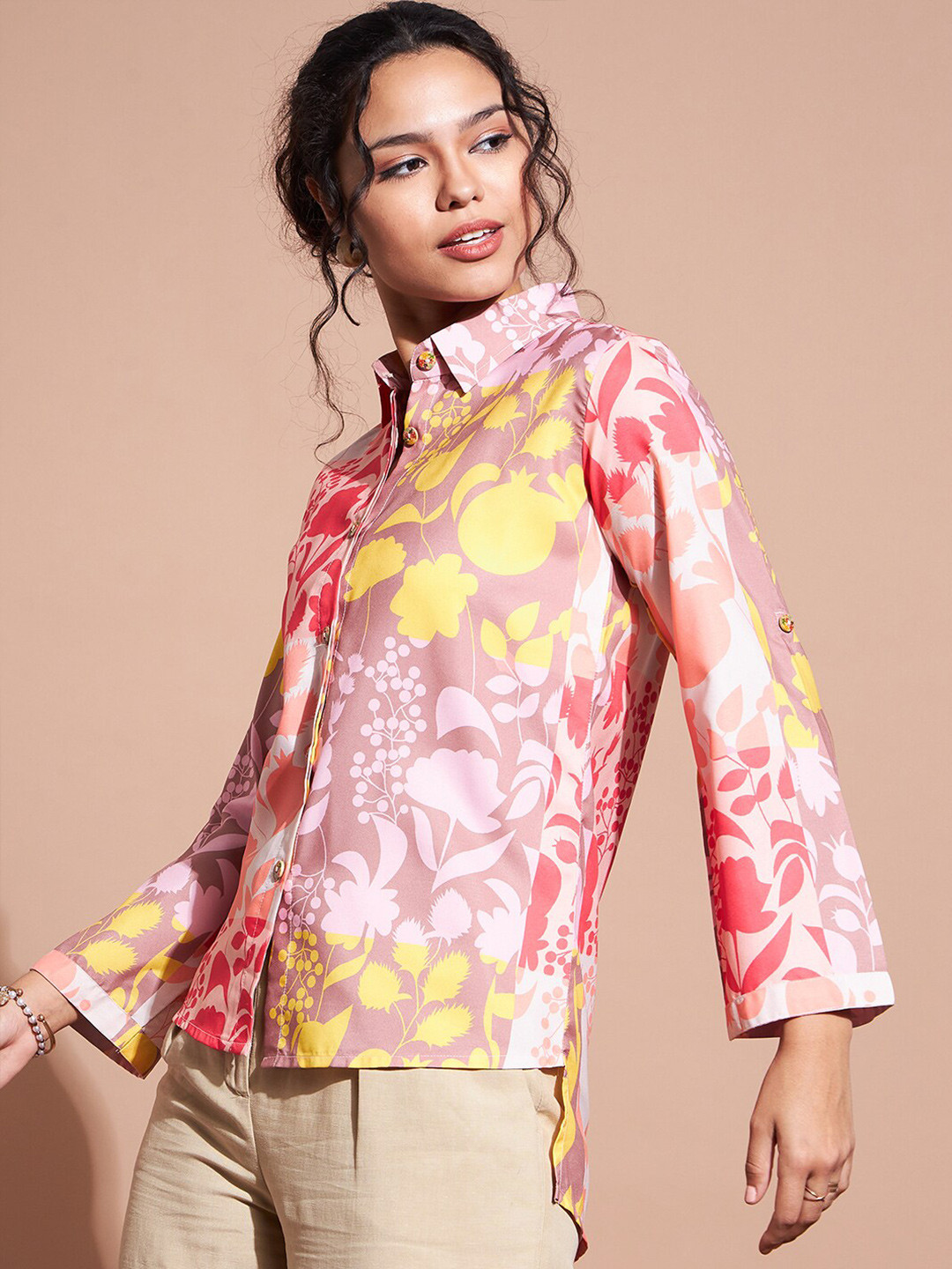 

DressBerry Pink & Yellow Floral Printed Shirt Style Top