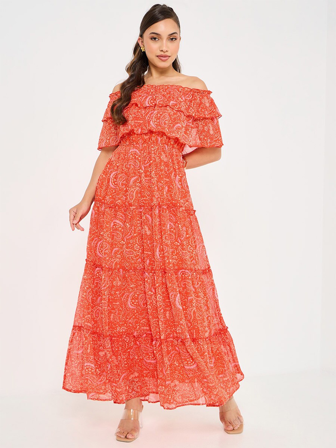 

Styli Printed Off-Shoulder Tired Maxi Dress, Orange