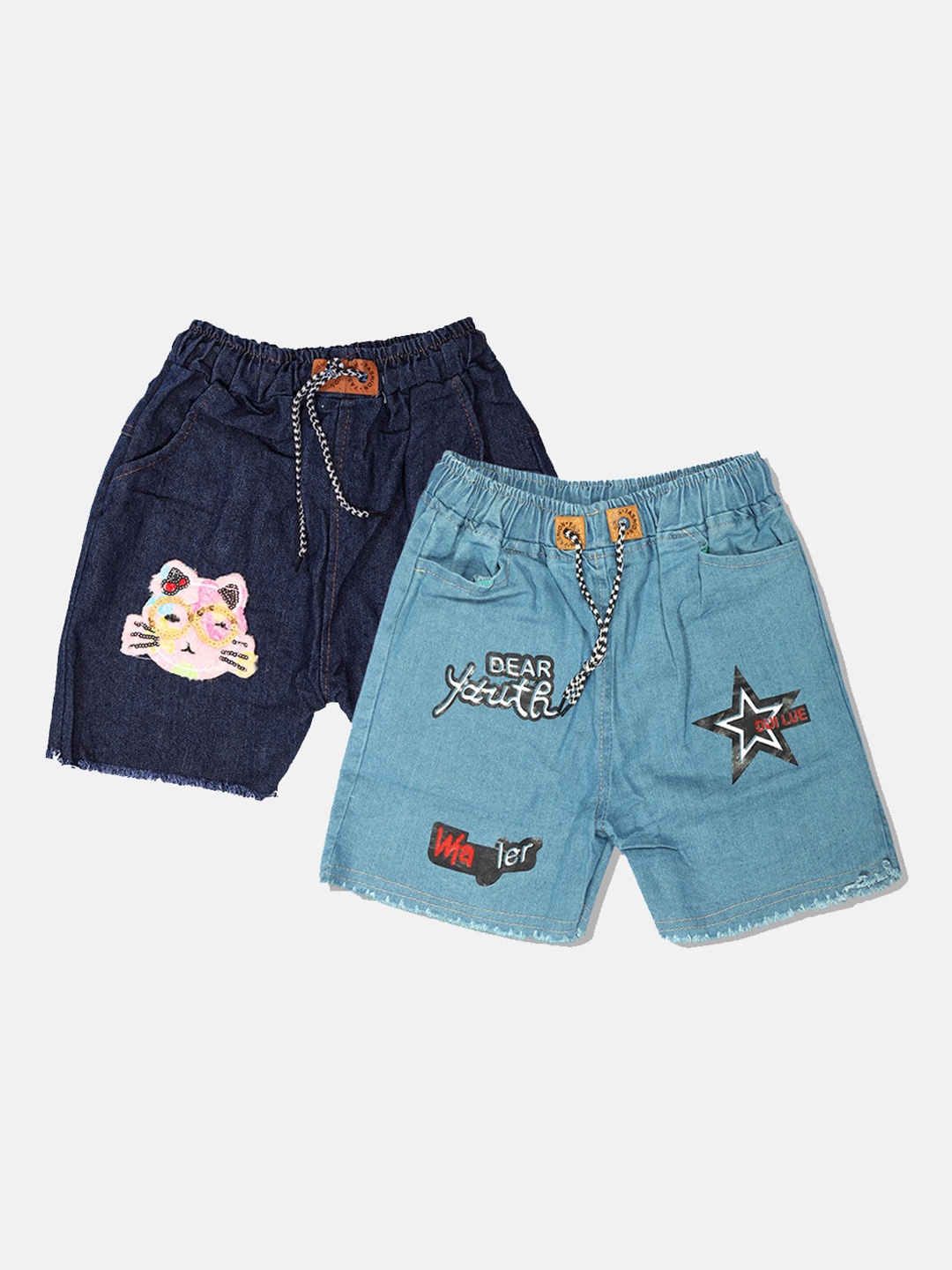 

MANZON Girls Graphic Printed Regular Fit Mid-Rise Denim Shorts, Navy blue