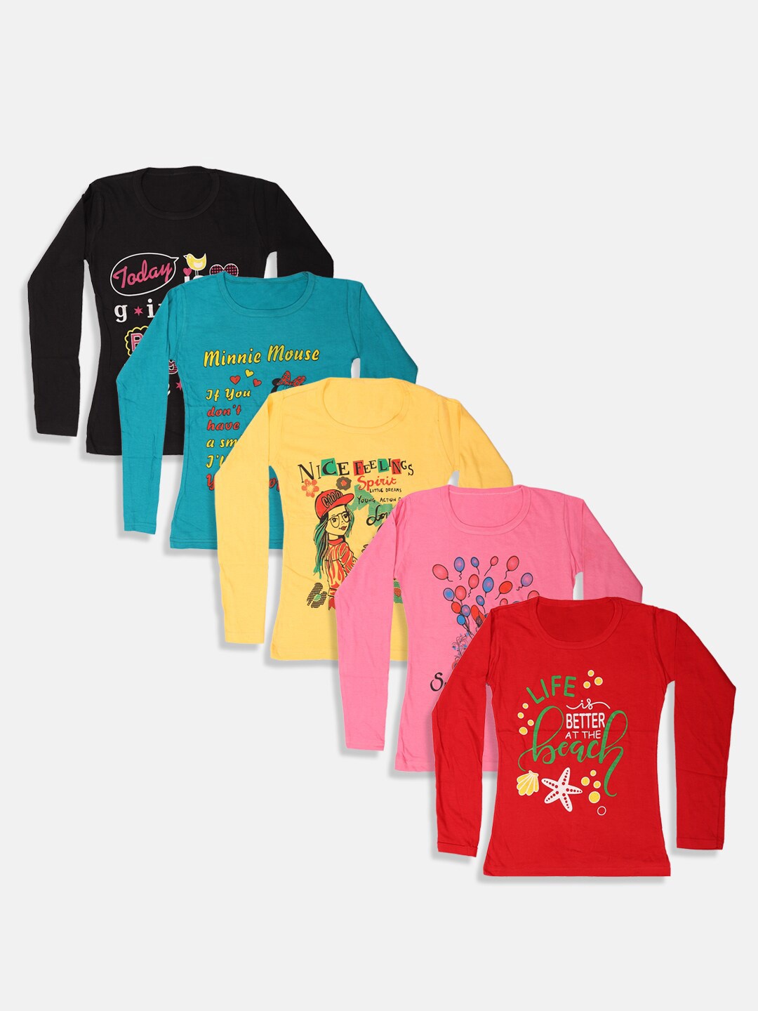

MANZON Pack Of 5 Graphic Printed Cotton Tops, Pink