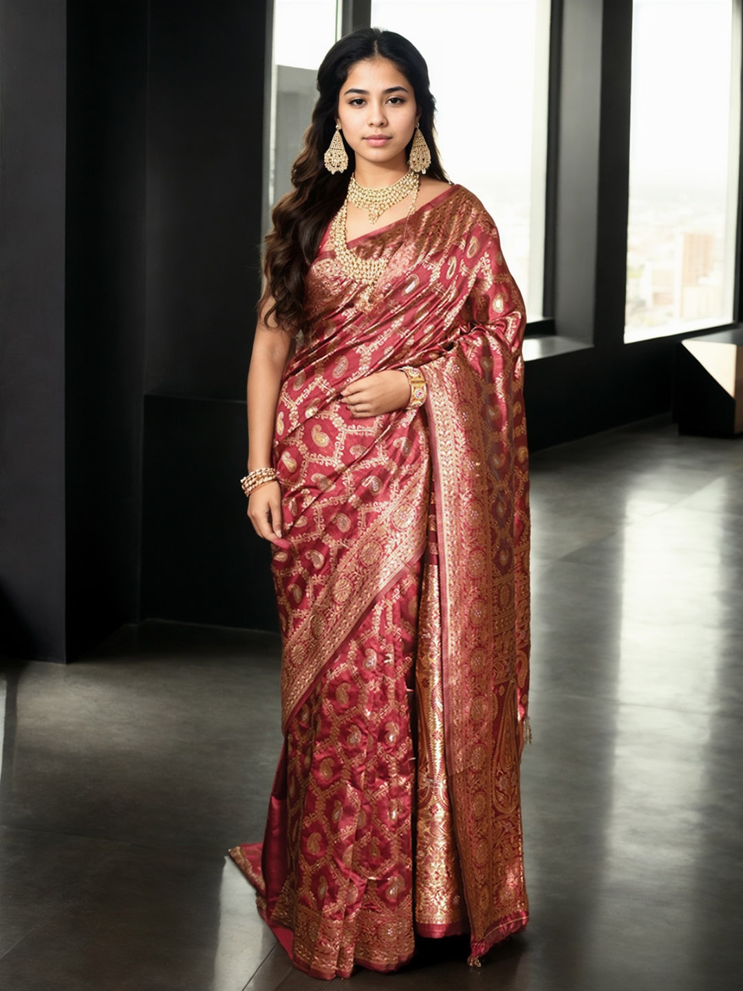 

Anouk Ethnic Motifs Woven Design Zari Detailed Saree, Red