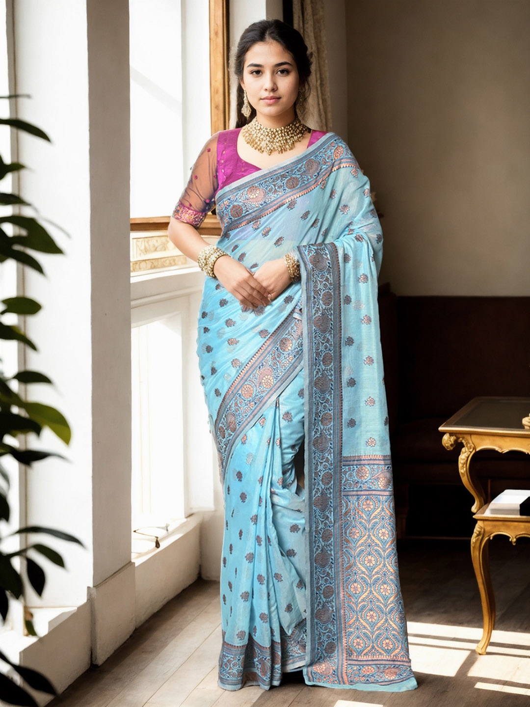 

Anouk Turquoise Blue & Gold-Toned Ethnic Motifs Woven Design Pure Cotton Chanderi Saree