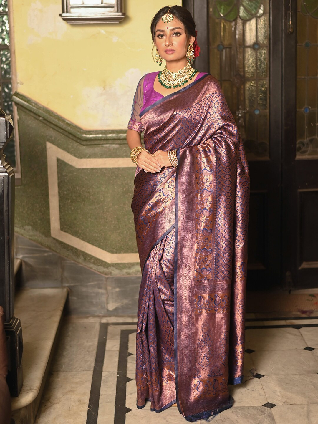 

Anouk Blue & Purple Ethnic Motifs Woven Design Jacquard Zari Saree