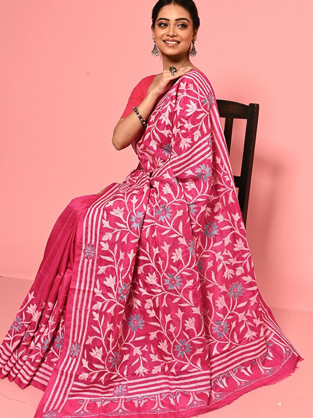 

AllSilks Floral Embroidered Kantha Work Pure Silk Saree, Pink