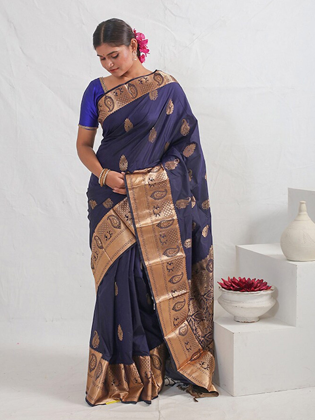 

AllSilks Ethnic Motifs Woven Design Zari Kanjeevaram Saree, Blue