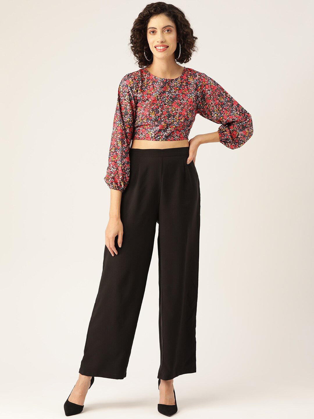 

Sleek Italia Floral Printed Crop Top & Trousers, Red