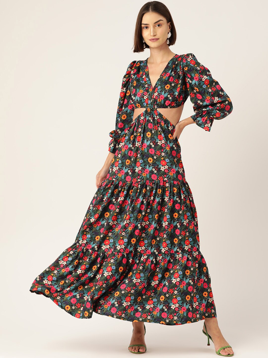 

Sleek Italia V Neck Floral Printed Puff Sleeve Tiered Cut-Out Detail Maxi Dress, Black