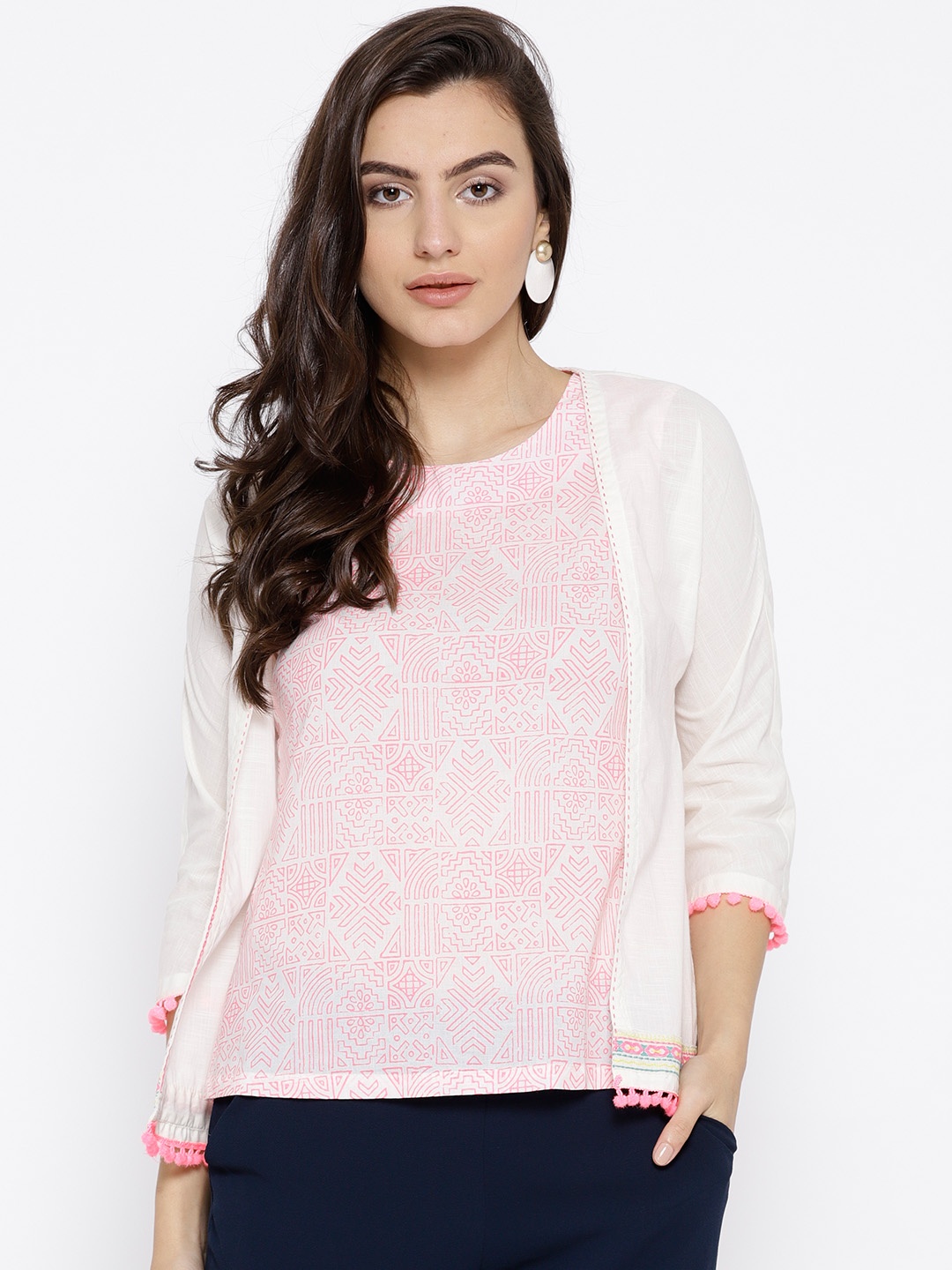 

Rangriti Women White & Pink Printed Pure Cotton Top with Shrug