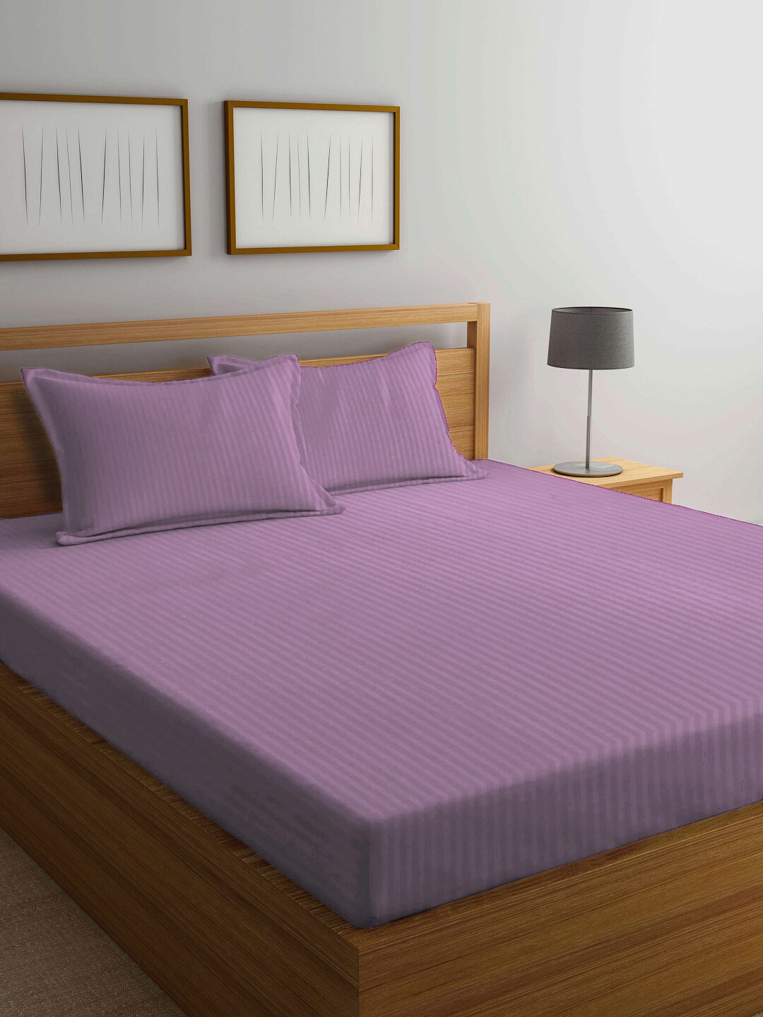 

KLOTTHE Purple Striped 300 TC Double King Fitted Bedsheet With 2 Pillow Covers