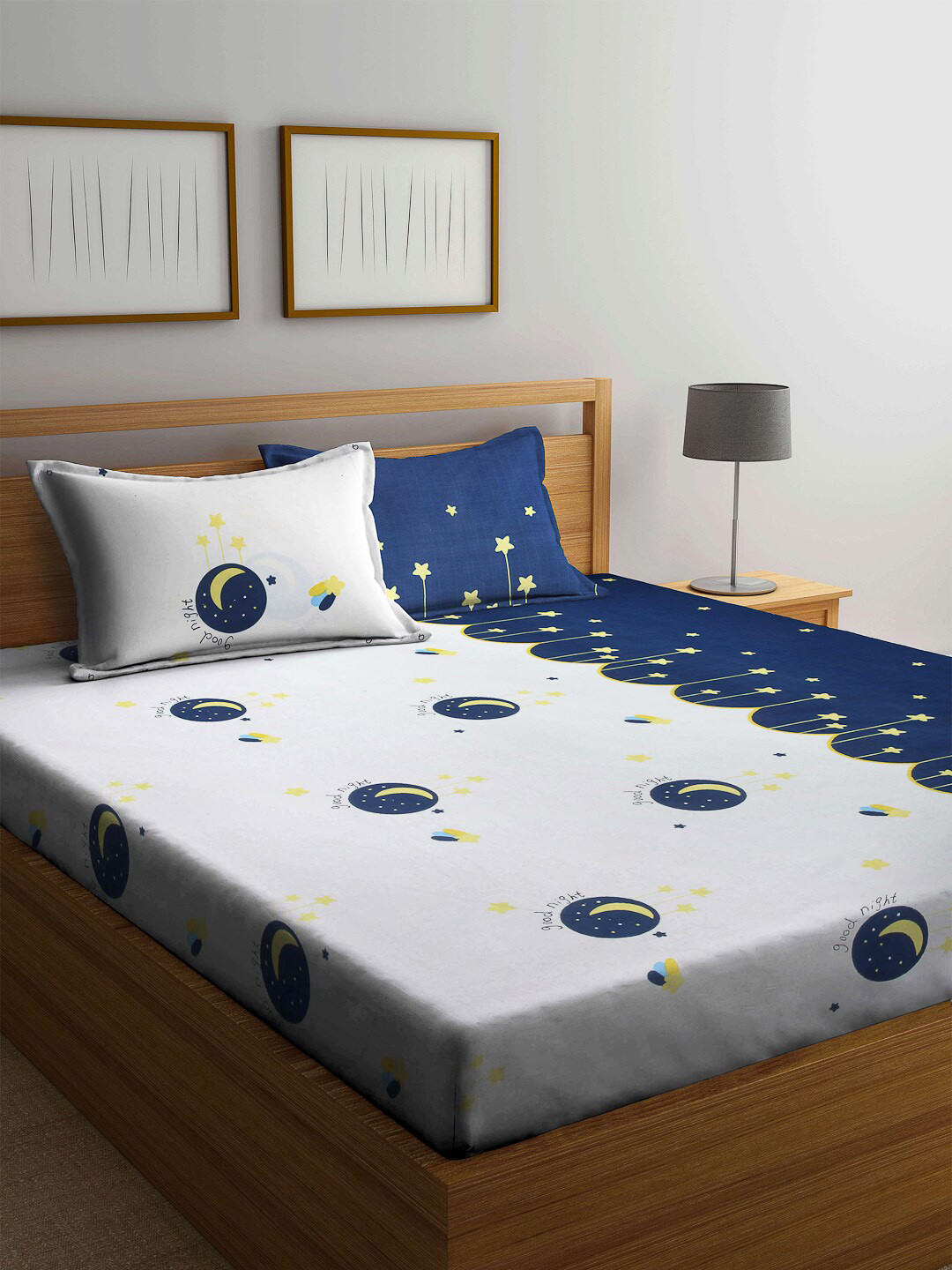 

KLOTTHE White & Blue Printed 300 TC Double King Fitted Bedsheet With 2 Pillow Covers