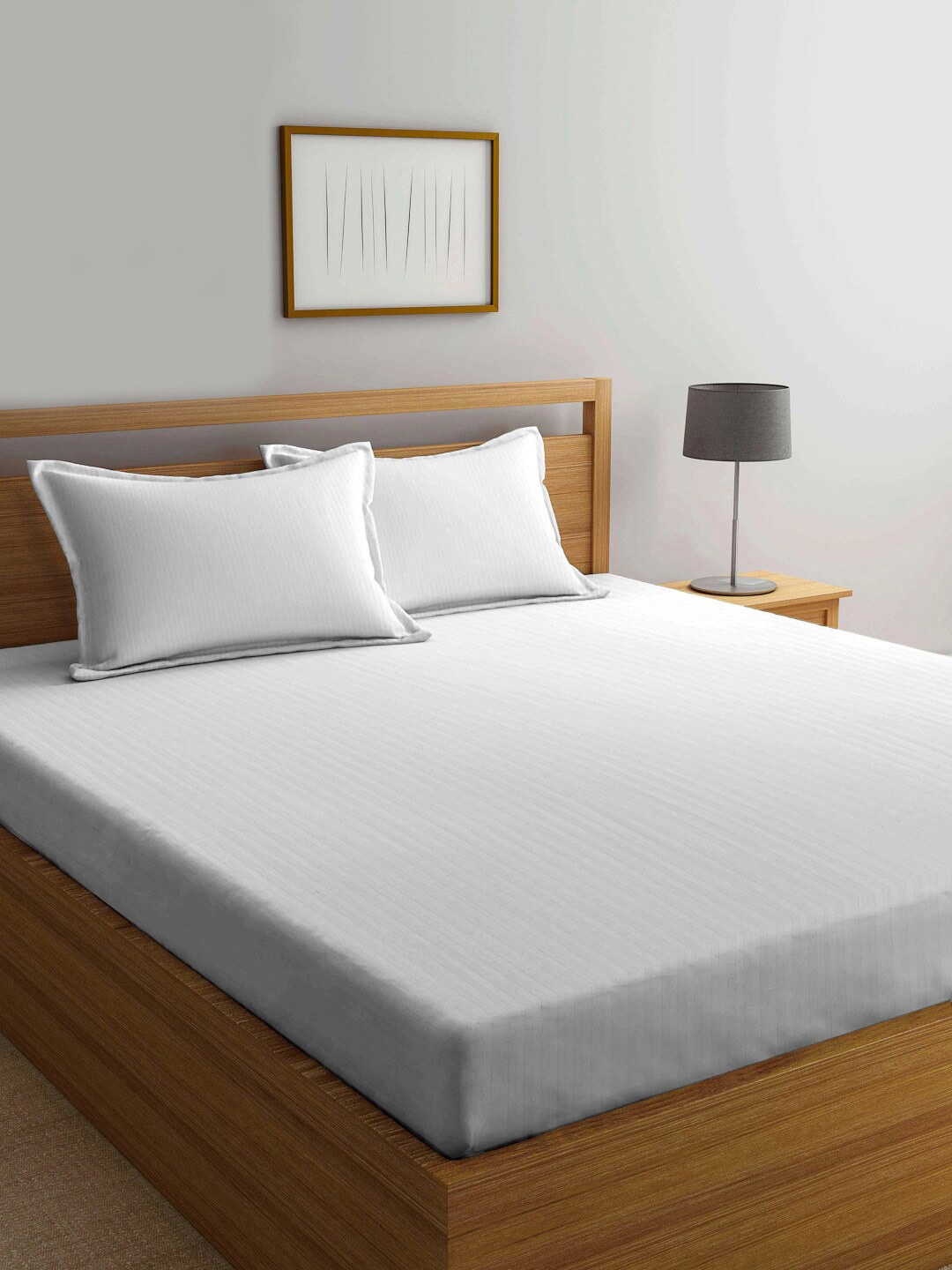 

KLOTTHE White Striped 300 TC Double King Fitted Bedsheet With 2 Pillow Covers