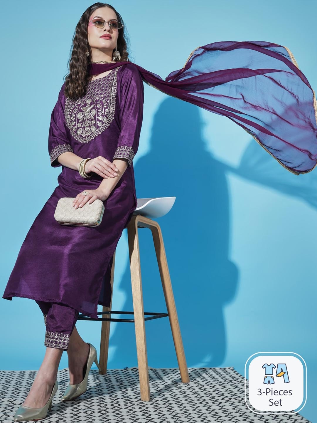 

PPTOSS Floral Yoke Design Embroidered Kurta & Trousers With Dupatta, Purple