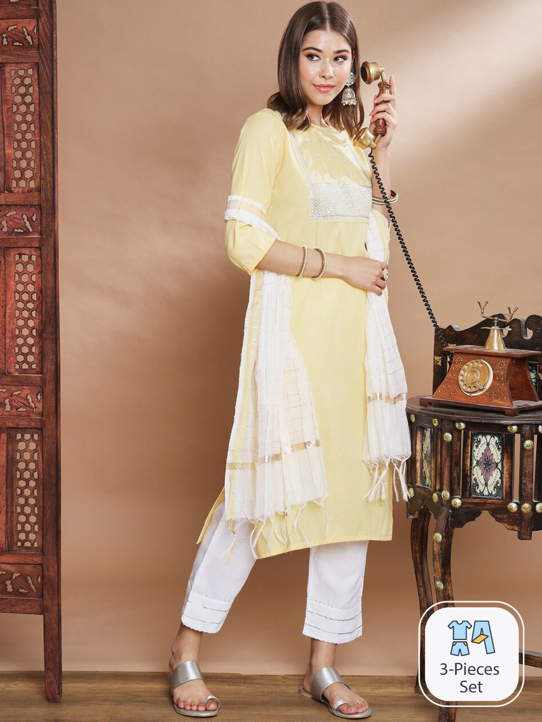 

PPTOSS Ethnic Motifs Yoke Design Sequinned Regular Kurta with Trousers & Dupatta, Yellow