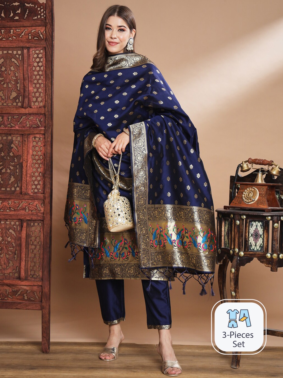 

PPTOSS Ethnic Motifs Woven Design Zari Regular Banarasi Kurta with Trousers & Dupatta, Blue