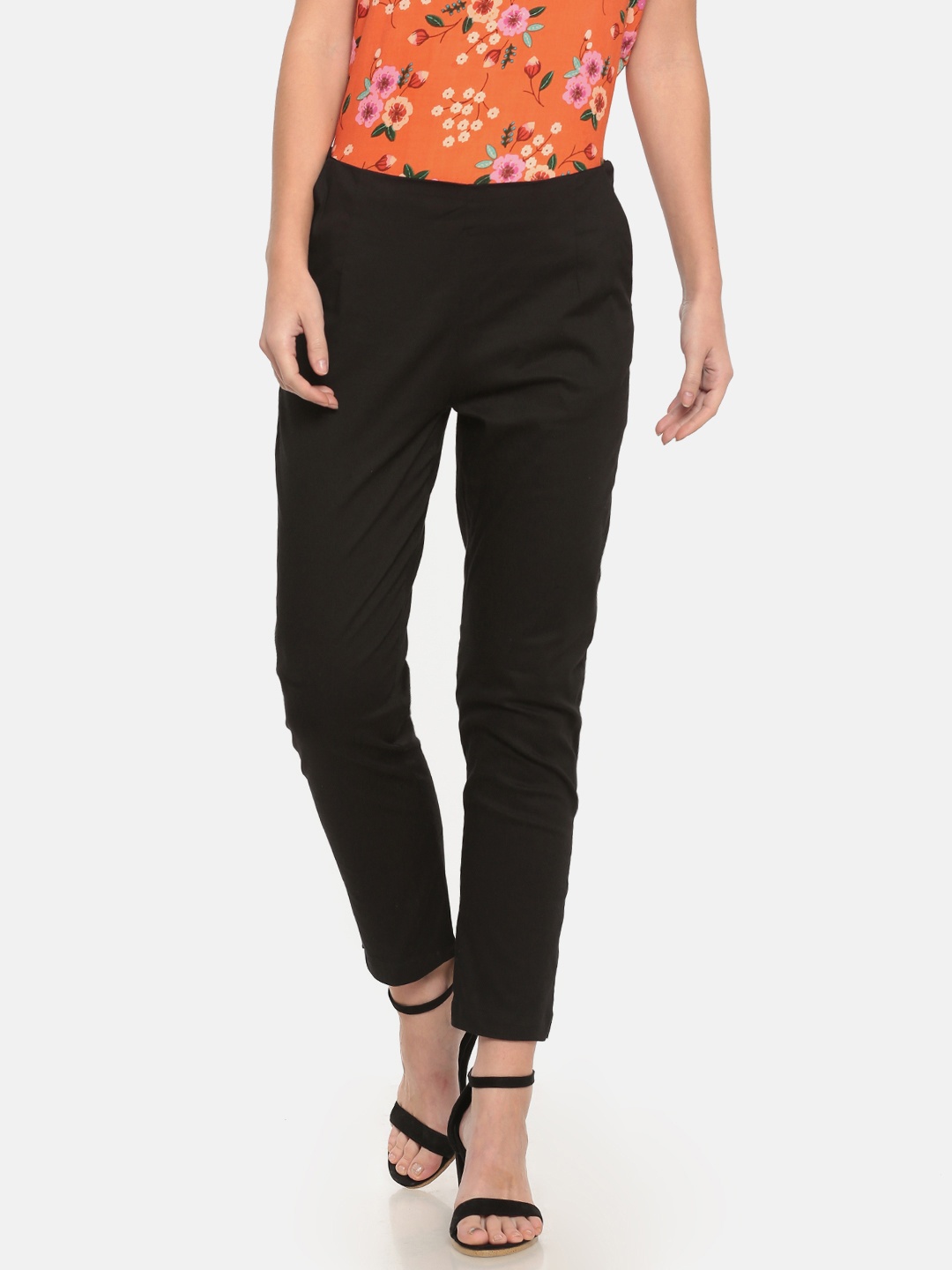 

Rangriti Women Black Slim Fit Solid Cigarette Trousers