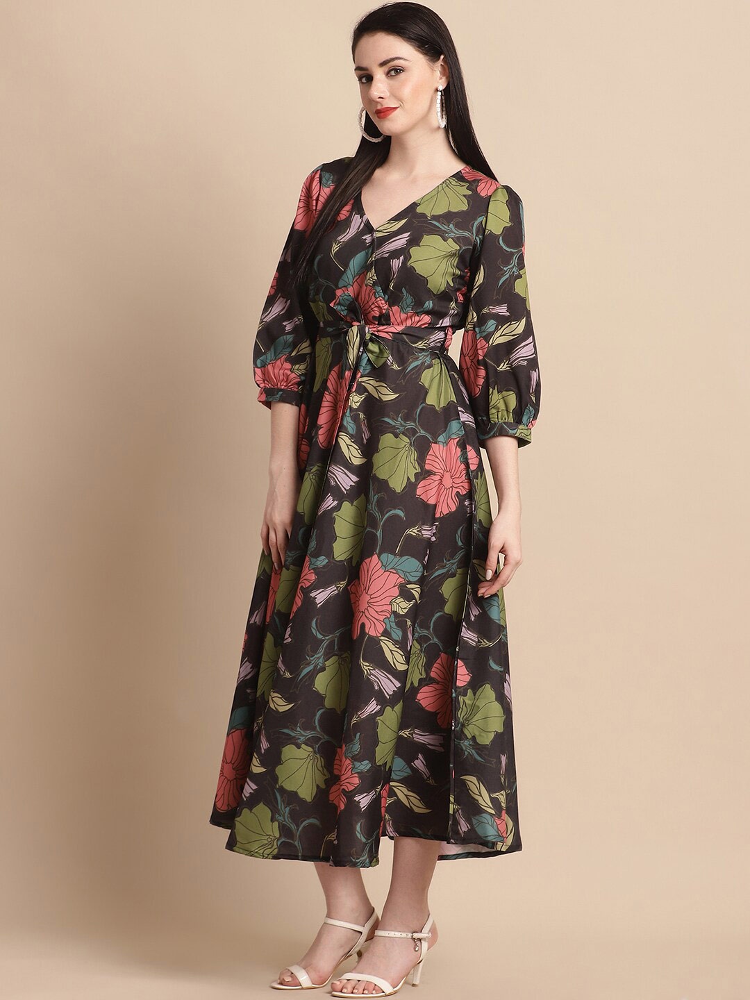 

JAINISH Floral Printed Puff Sleeves A-line Dress, Black