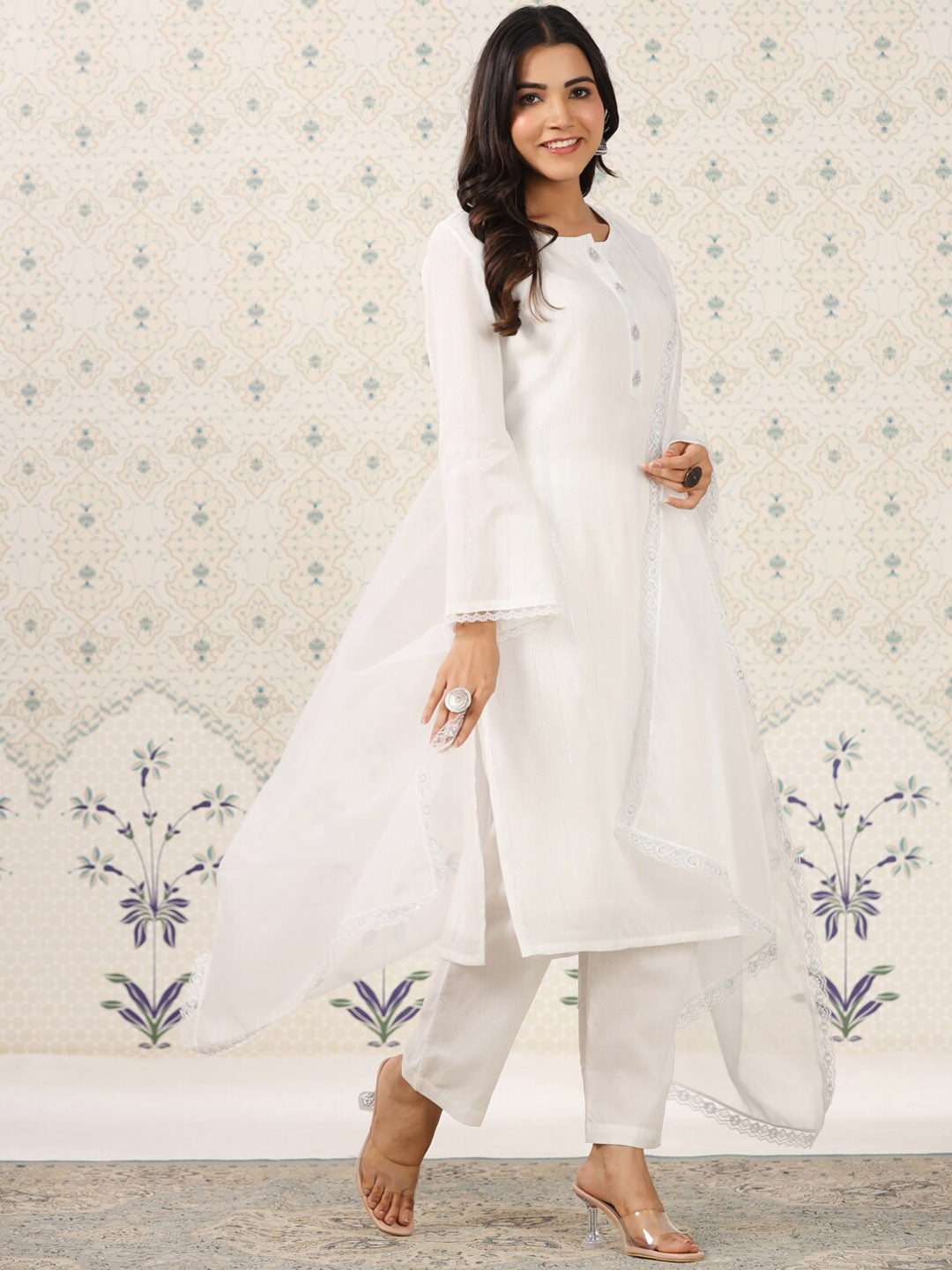 

Ode by House of Pataudi Striped Kurta With Trousers & Dupatta, White